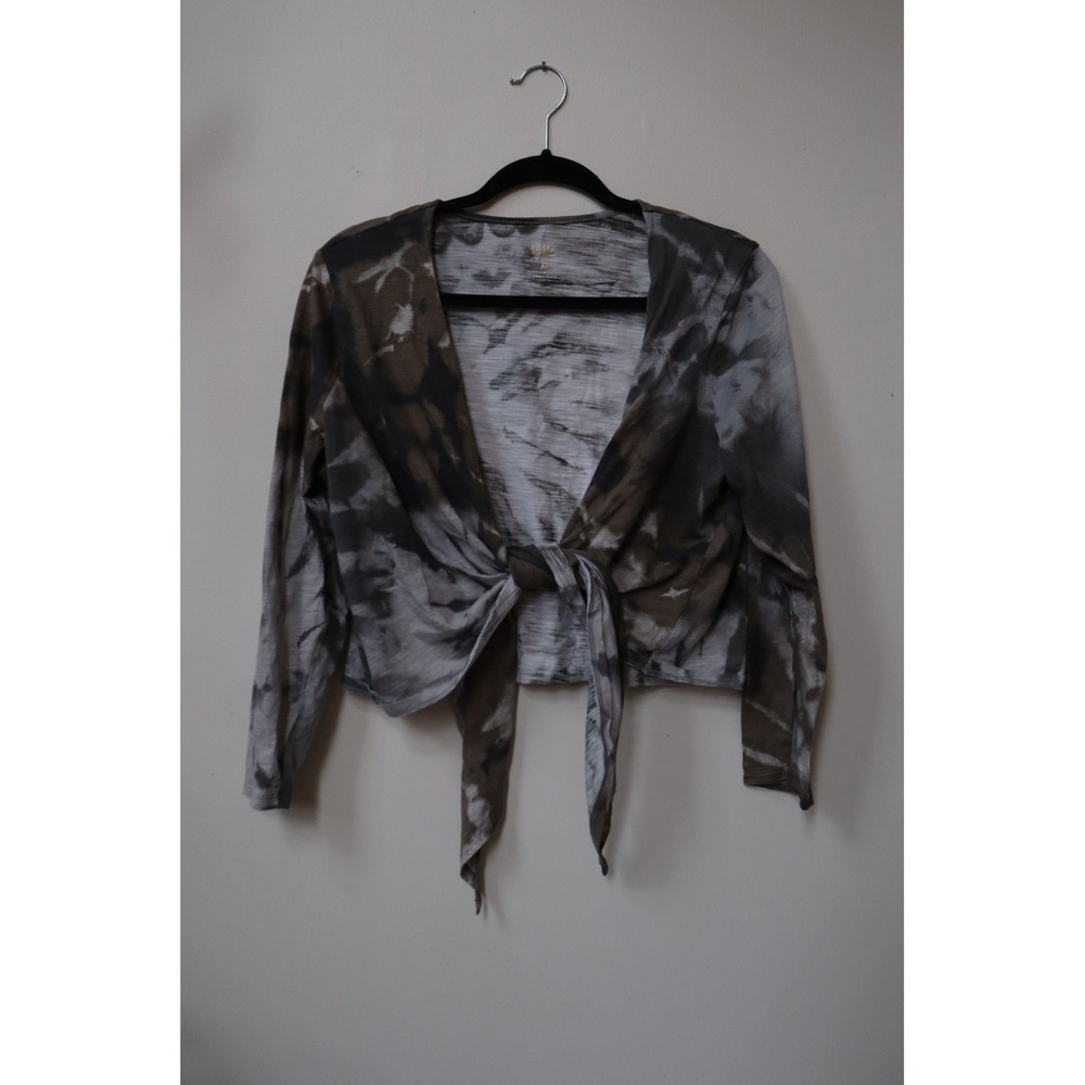 Belle by Kim Gravel Tie Dye Tie Front Cardigan Brown Grey Cropped Wrap Top M